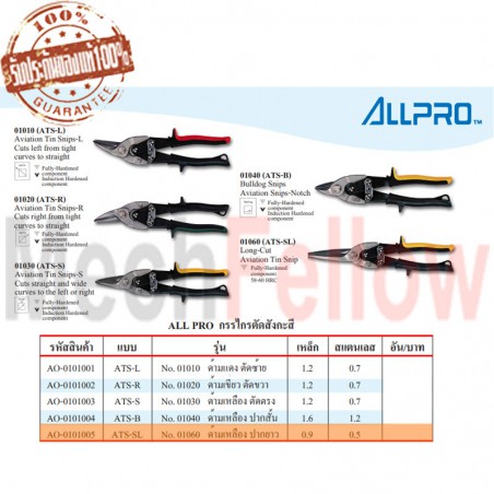 ALLPRO กรรไกรตัดสังกะสี NO.01060 รุ่นด้ามเหลือง ปากยาว